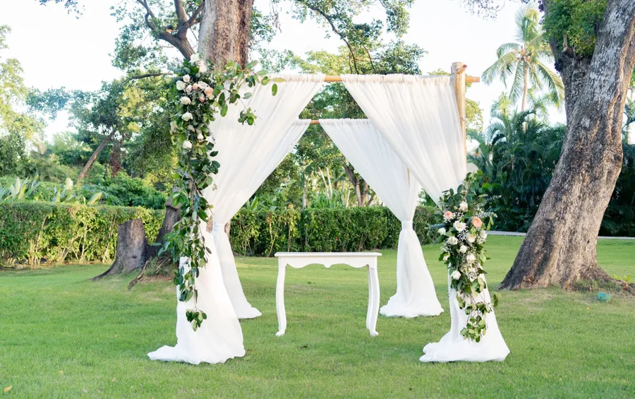A garden ceremony setting under old trees